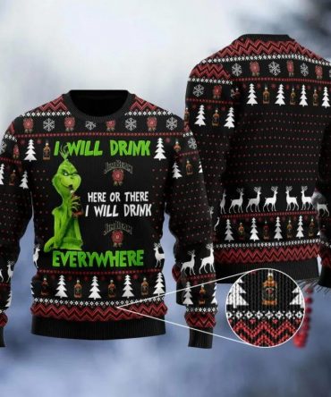Jim Beam Grinch Will Drink Everywhere Ugly Sweater, Grinch Holiday Sweater