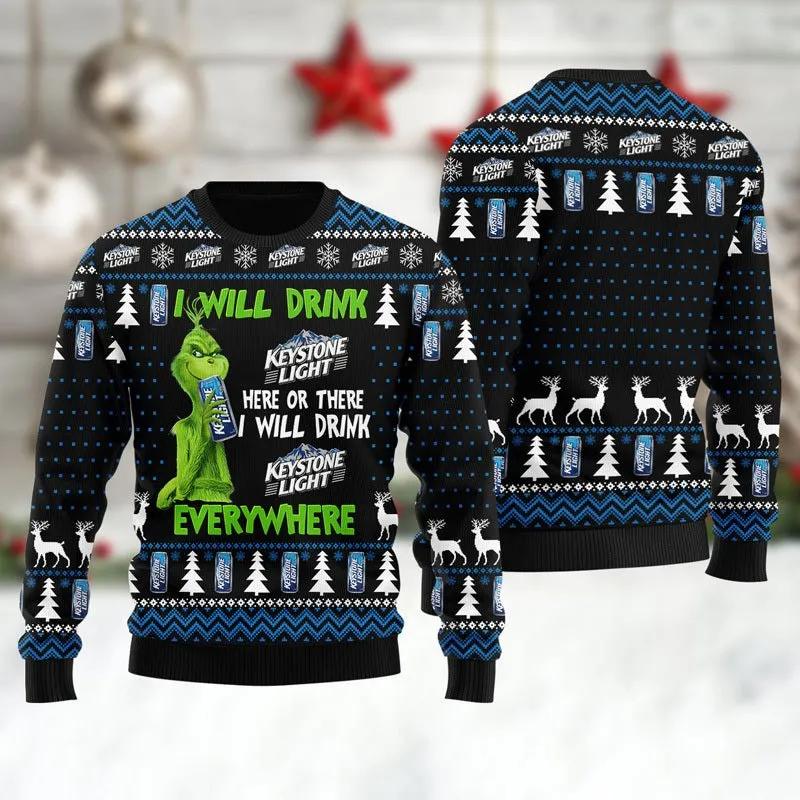 Keystone Light Grinch Will Drink Everywhere Ugly Sweater, Grinch Holiday Sweater