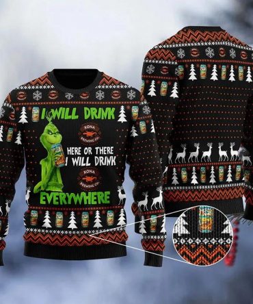 Kona Brewing Grinch Will Drink Everywhere Ugly Sweater, Grinch Holiday Sweater