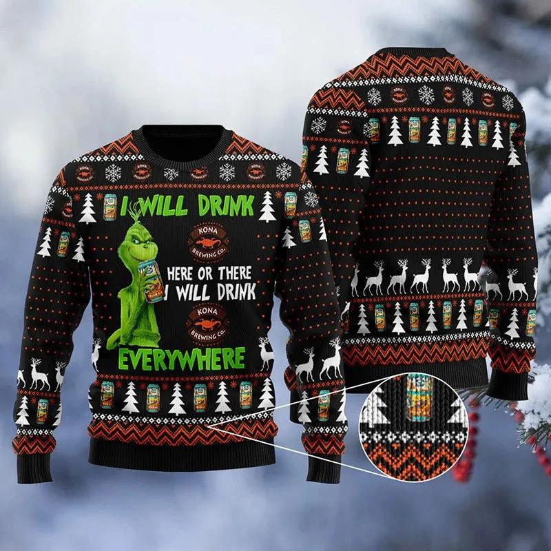 Kona Brewing Grinch Will Drink Everywhere Ugly Sweater, Grinch Holiday Sweater