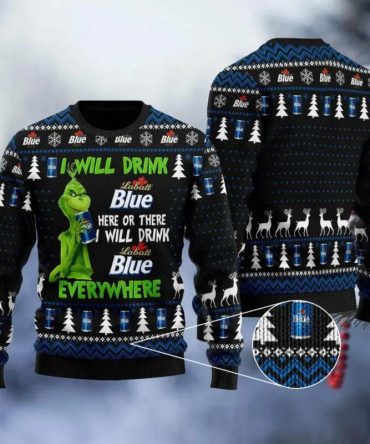 Labatt Blue Grinch Will Drink Everywhere Ugly Sweater, Grinch Holiday Sweater