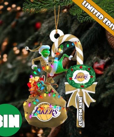 Los Angeles Lakers NBA Custom Name Grinch Candy Cane Tree Decorations Christmas 2023 Ornament