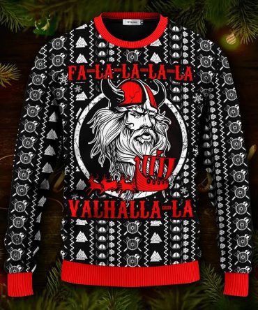 Falalalala Valhallala Red Pattern Viking Ugly Christmas Sweater