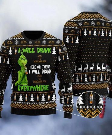 Macallan Grinch Will Drink Everywhere Ugly Sweater, Grinch Holiday Sweater