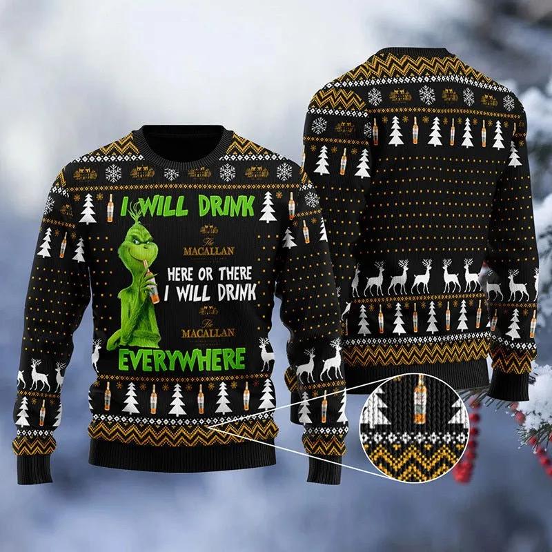 Macallan Grinch Will Drink Everywhere Ugly Sweater, Grinch Holiday Sweater