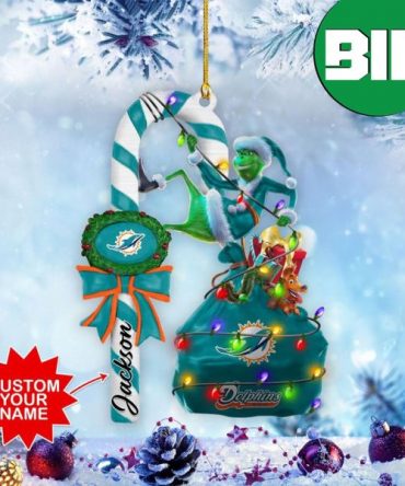 Miami Dolphins NFL Custom Name Grinch Candy Cane Tree Decorations Ornament