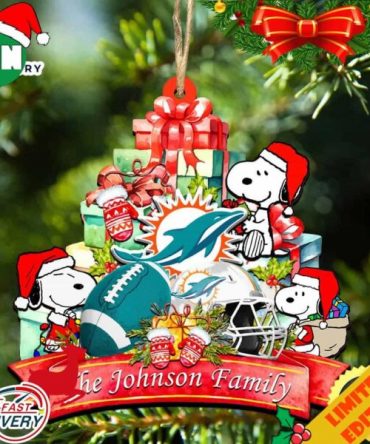 Miami Dolphins Snoopy And NFL Sport Ornament Personalized Your Family Name