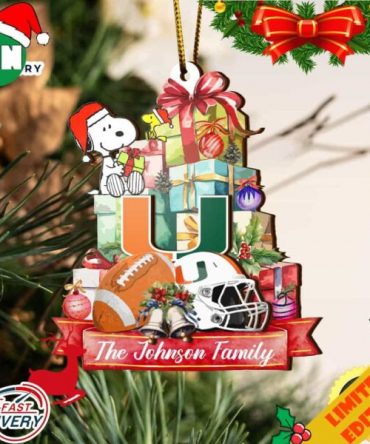 Miami Hurricanes And Snoopy Christmas NCAA Ornament Custom Your Family Name