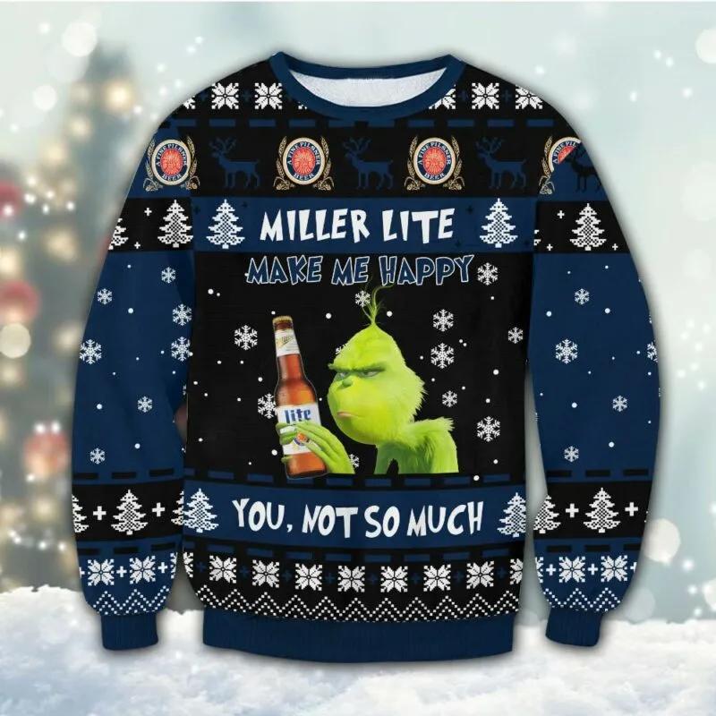 Miller Lite Grinch Happy Ugly Sweater, Grinch Holiday Sweater