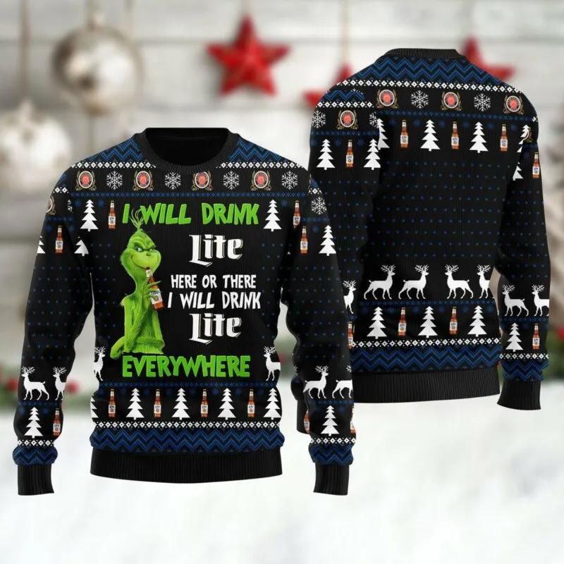 Miller Lite Grinch Will Drink Everywhere Ugly Sweater, Grinch Holiday Sweater
