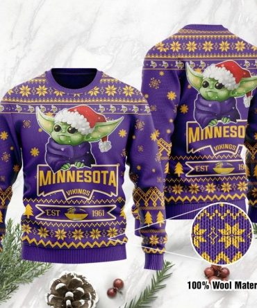 Minnesota Vikings Cute Baby Yoda Grogu Holiday Party Ugly Christmas Sweater, Minnesota Vikings Christmas Sweater