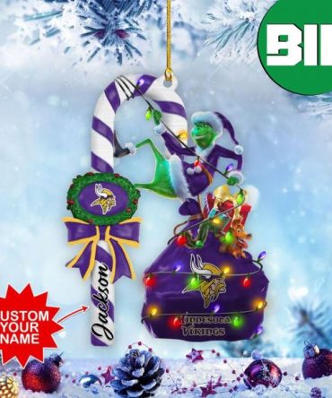 Minnesota Vikings NFL Custom Name x Grinch Candy Cane Tree Decorations Two Sides Ornament