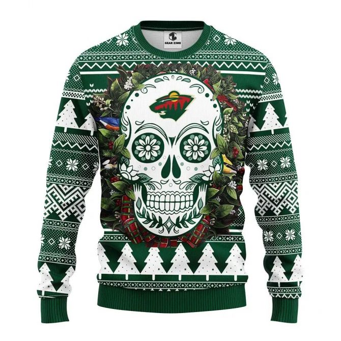 Minnesota Wild Skull Flower Ugly Christmas Sweater, NHL Christmas Sweater