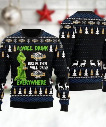 Modelo Grinch Will Drink Everywhere Ugly Sweater, Grinch Holiday Sweater