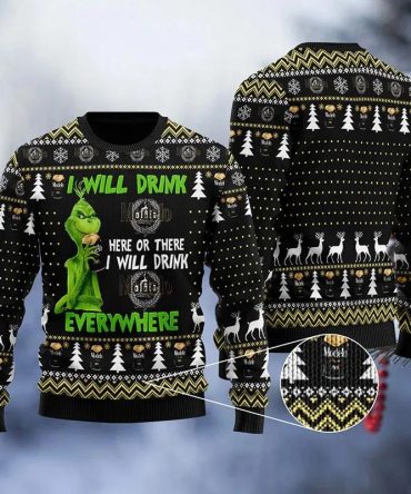 Modelo Negra Grinch Will Drink Everywhere Ugly Sweater, Grinch Holiday Sweater