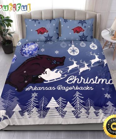 NCAA Arkansas Razorbacks Bedding Sets Santa Claus Sleigh And Reindeer Christmas Bedding Sets Quilt Bedding Sets