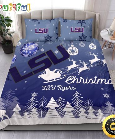 NCAA LSU Tigers Bedding Sets Santa Claus Sleigh And Reindeer Christmas Bedding Sets Quilt Bedding Sets