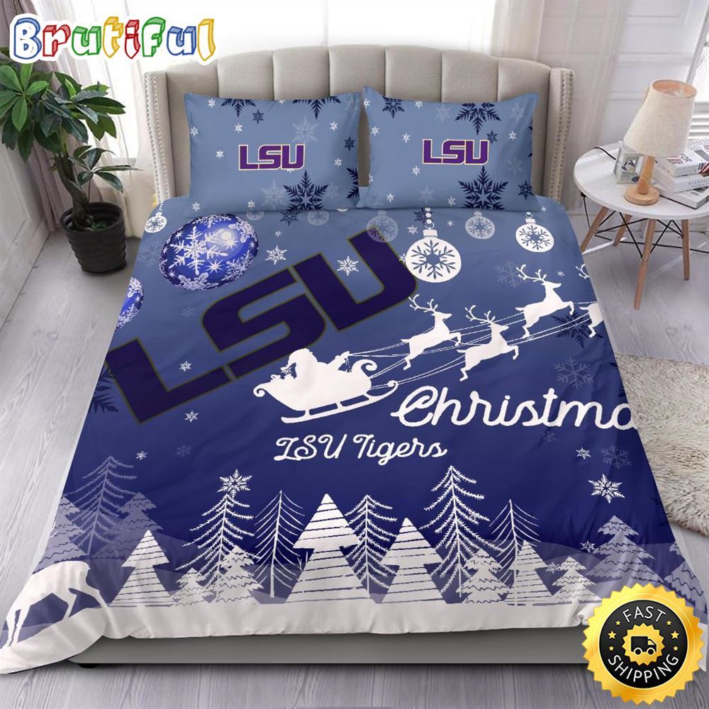 NCAA LSU Tigers Bedding Sets Santa Claus Sleigh And Reindeer Christmas Bedding Sets Quilt Bedding Sets