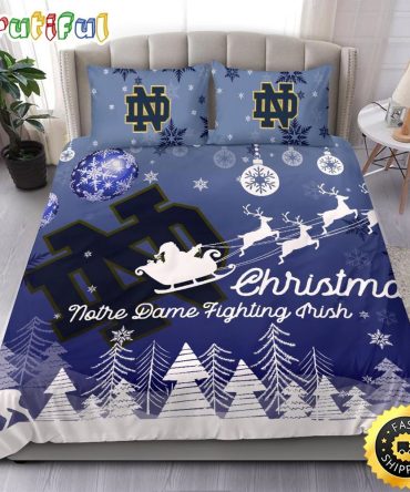 NCAA Notre Dame Fighting Irish Bedding Sets Santa Claus Sleigh And Reindeer Christmas Bedding Sets Quilt Bedding Sets