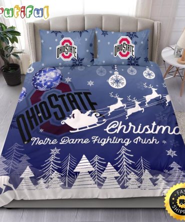 NCAA Ohio State Buckeyes Bedding Sets Santa Claus Sleigh And Reindeer Christmas Bedding Sets Quilt Bedding Sets