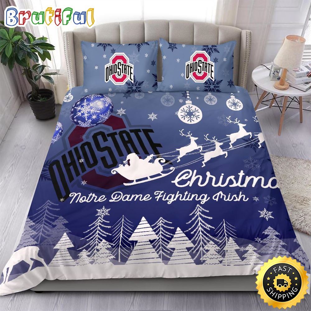 NCAA Ohio State Buckeyes Bedding Sets Santa Claus Sleigh And Reindeer Christmas Bedding Sets Quilt Bedding Sets