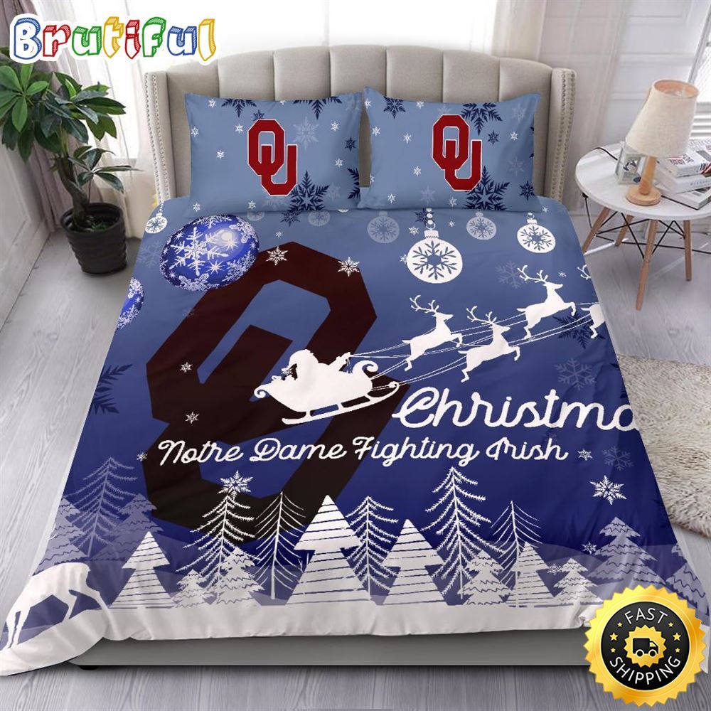 NCAA Oklahoma Sooners Bedding Sets Santa Claus Sleigh And Reindeer Christmas Bedding Sets Quilt Bedding Sets