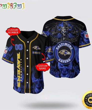 NFL Baltimore Ravens Baseball Jersey 3D Personalized Skull Customization Options Available