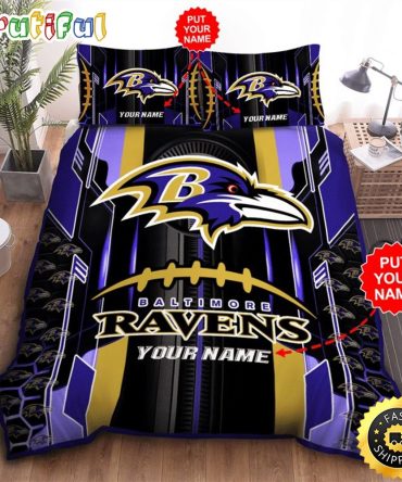 NFL Baltimore Ravens Custom Name Black Purple Bedding Set