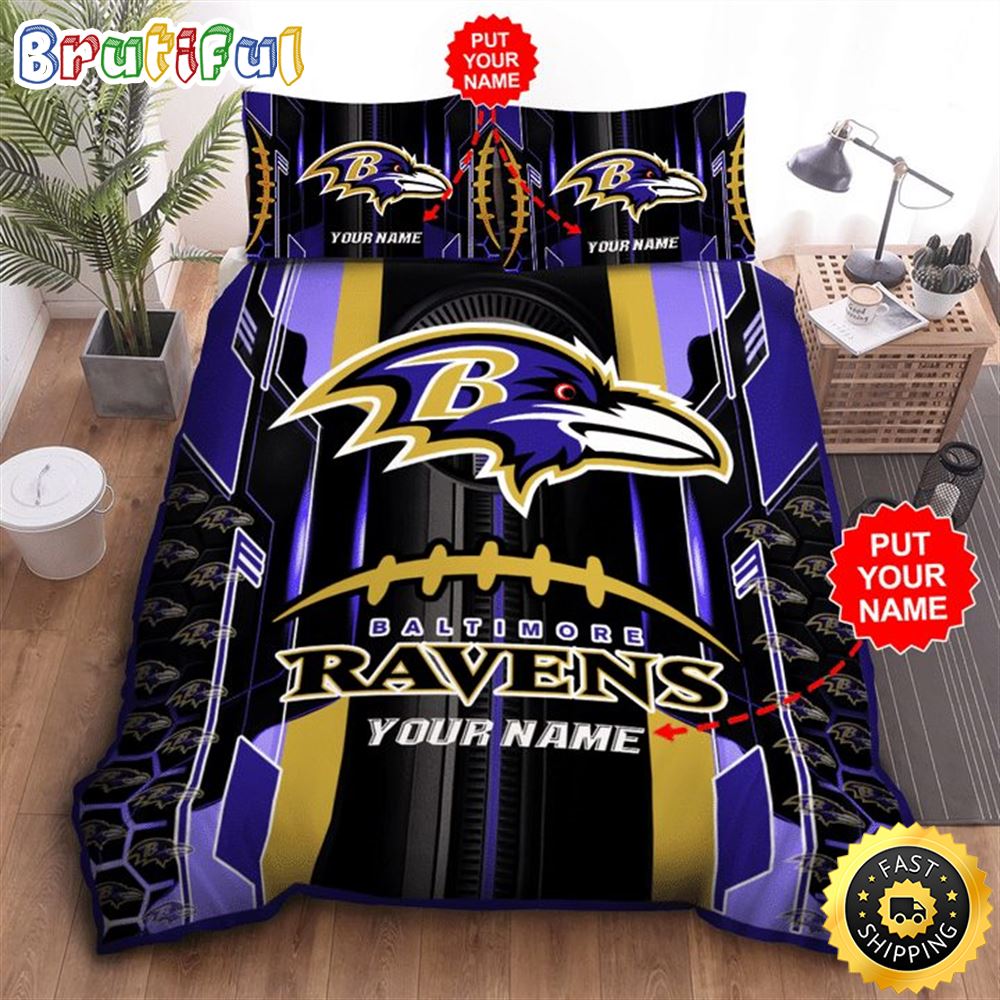 NFL Baltimore Ravens Custom Name Black Purple Bedding Set