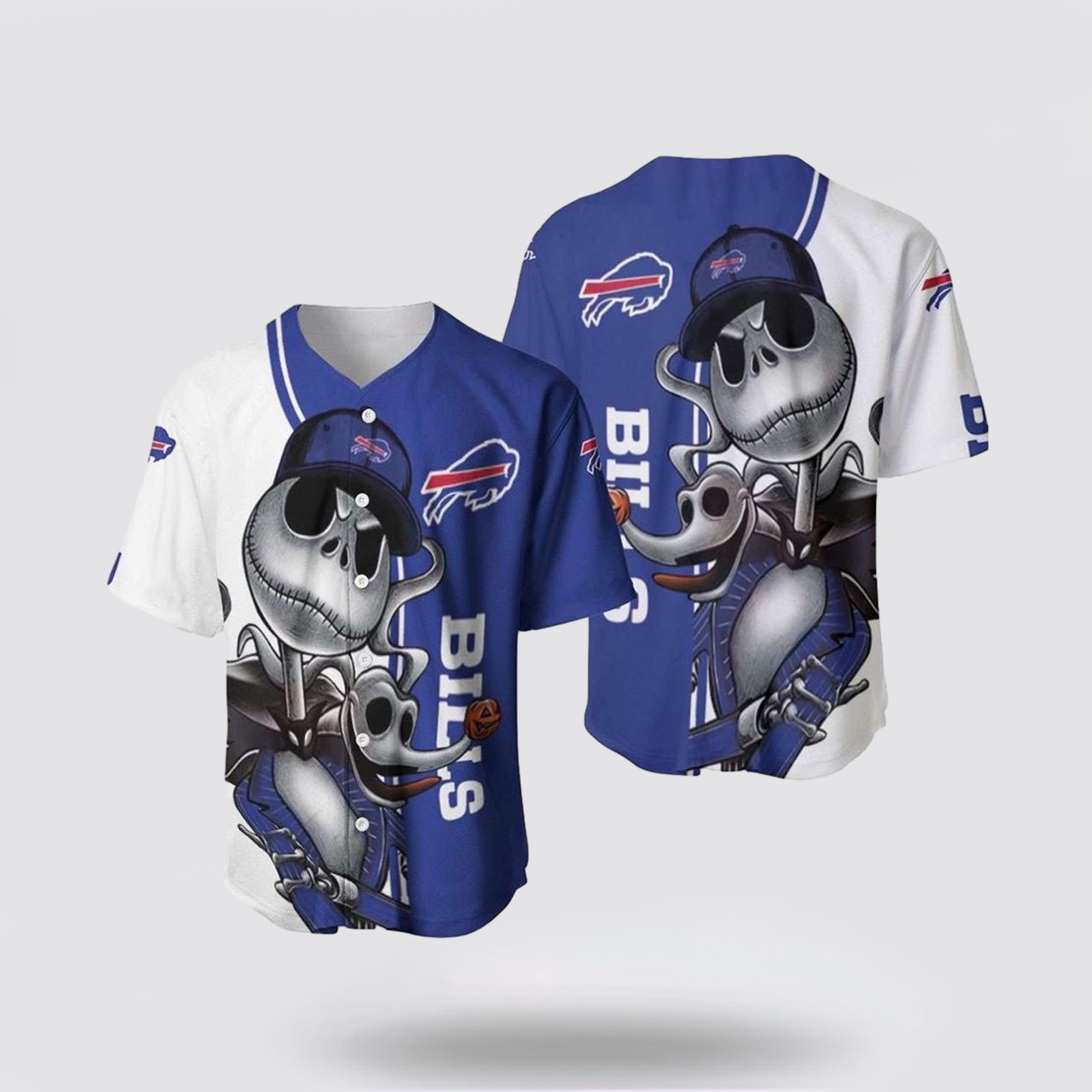 NFL Buffalo Bills Baseball Jersey Jack Skellington And Zero Perfect Your Team Pride In Laid Back Fashion