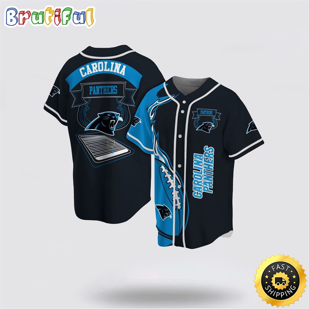 NFL Carolina Panthers Baseball Jersey Symbol Fire Rugby Ball Graphic Black Blue Jersey Shirt