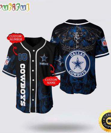 NFL Dallas Cowboys Baseball Jersey 3D Personalized Skull Customization Options Available