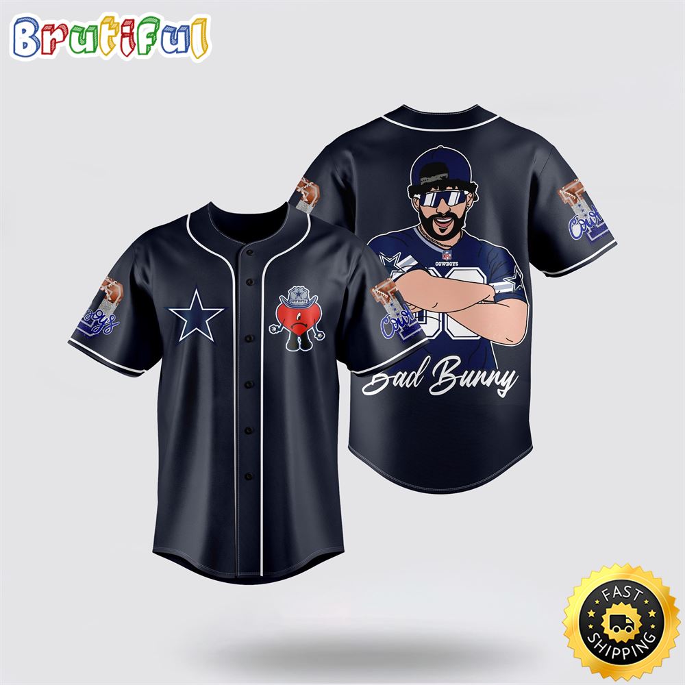 NFL Dallas Cowboys Baseball Jersey American Football Team Symbol Bad Bunny Graphic Blue Jersey Shirt