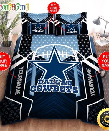 NFL Dallas Cowboys Custom Name Black Light Blue Bedding Set