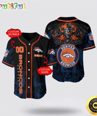 NFL Denver Broncos Baseball Jersey 3D Personalized Skull Customization Options Available