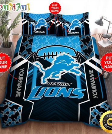 NFL Detroit Lions Custom Name Black Blue Bedding Set