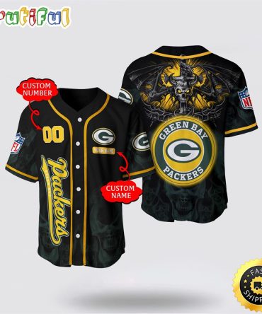 NFL Green Bay Packers Baseball Jersey 3D Personalized Skull Customization Options Available