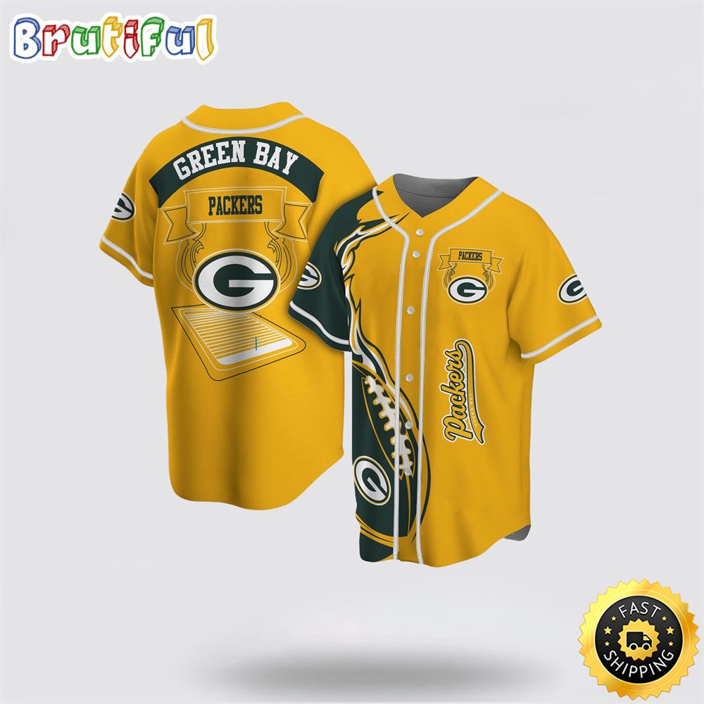 NFL Green Bay Packers Baseball Jersey Symbol Fire Rugby Ball Football Field Yellow Jersey Shirt