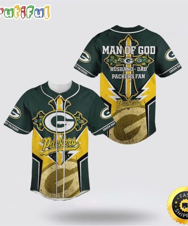 NFL Green Bay Packers Baseball Jersey Symbol Man Of God Husband Dad Packers Fan Green Jersey Shirt