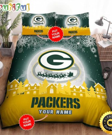 NFL Green Bay Packers Custom Name Big Logo Xmas Reindeers Bedding Set
