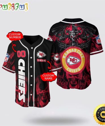 NFL Kansas City Chiefs Baseball Jersey 3D Personalized Skull Customization Options Available
