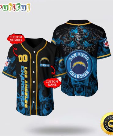 NFL Los Angeles Chargers Baseball Jersey 3D Personalized Skull Customization Options Available