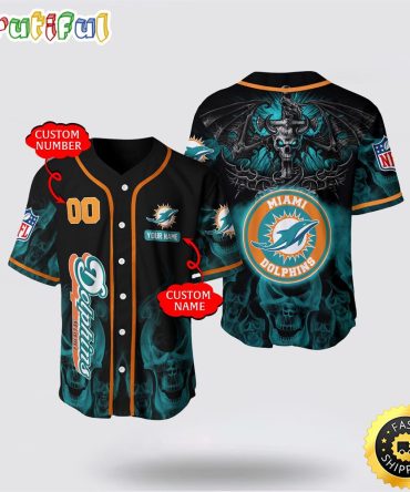 NFL Miami Dolphins Baseball Jersey 3D Personalized Skull Customization Options Available