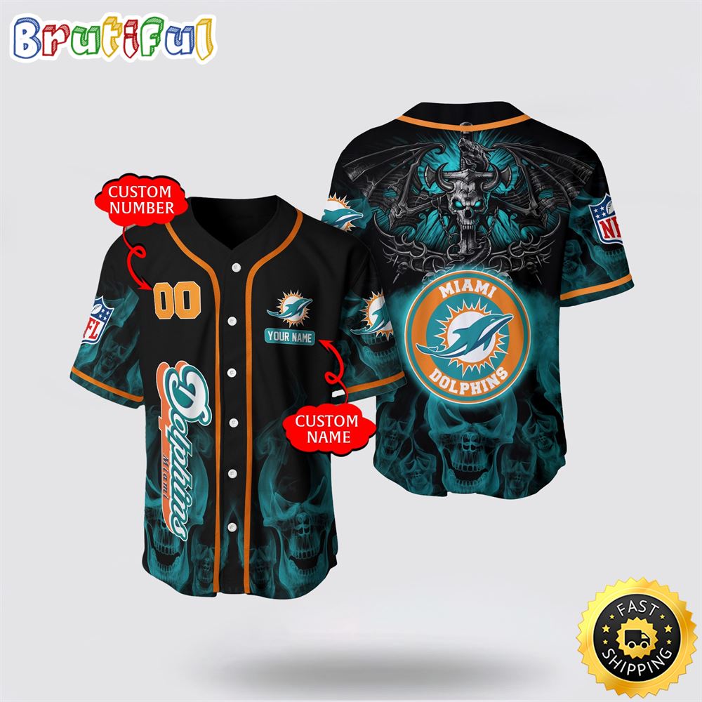 NFL Miami Dolphins Baseball Jersey 3D Personalized Skull Customization Options Available