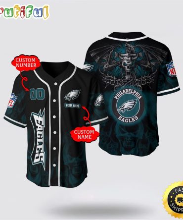 NFL Philadelphia Eagles Baseball Jersey 3D Personalized Skull Customization Options Available