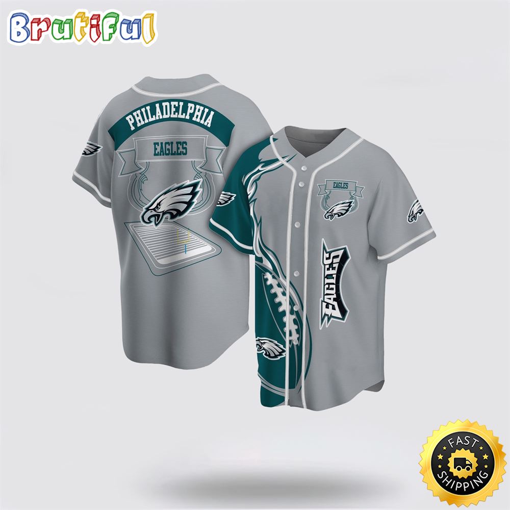 NFL Philadelphia Eagles Baseball Jersey Symbol Fire Rugby Ball Graphic Grey Green Jersey Shirt