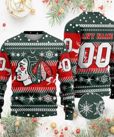 NHL Chicago BlackHawks Personalized Name &amp; Number Ugly Christmas Sweater, NHL Christmas Sweater