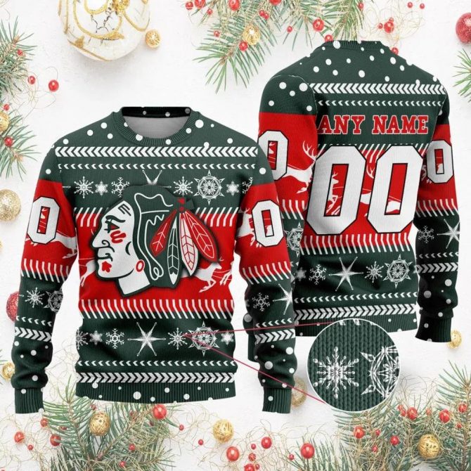 NHL Chicago BlackHawks Personalized Name &amp; Number Ugly Christmas Sweater, NHL Christmas Sweater