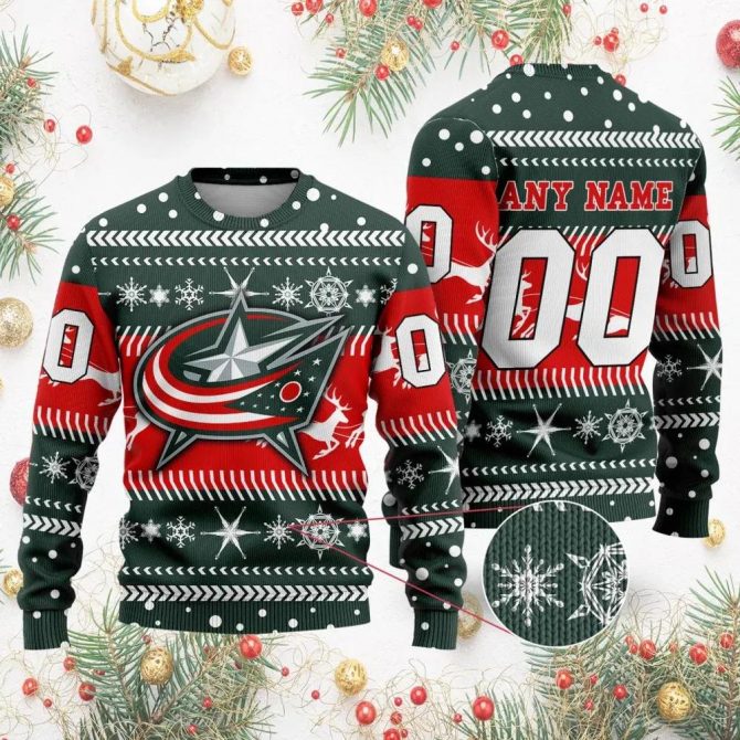 NHL Columbus Blue Jackets Personalized Name &amp; Number Ugly Christmas Sweater, NHL Christmas Sweater
