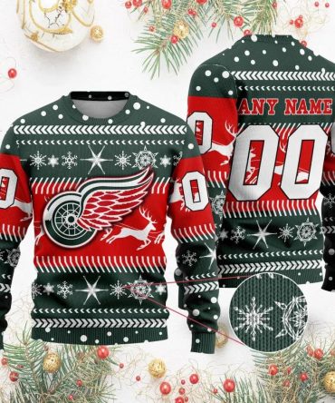 NHL Detroit Red Wings Personalized Name &amp; Number Ugly Christmas Sweater, NHL Christmas Sweater